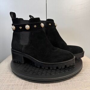 Karl Lagerfeld Paris Wmns 7M Black Suede Pearl Embellished Chelsea Boots Luxury‎